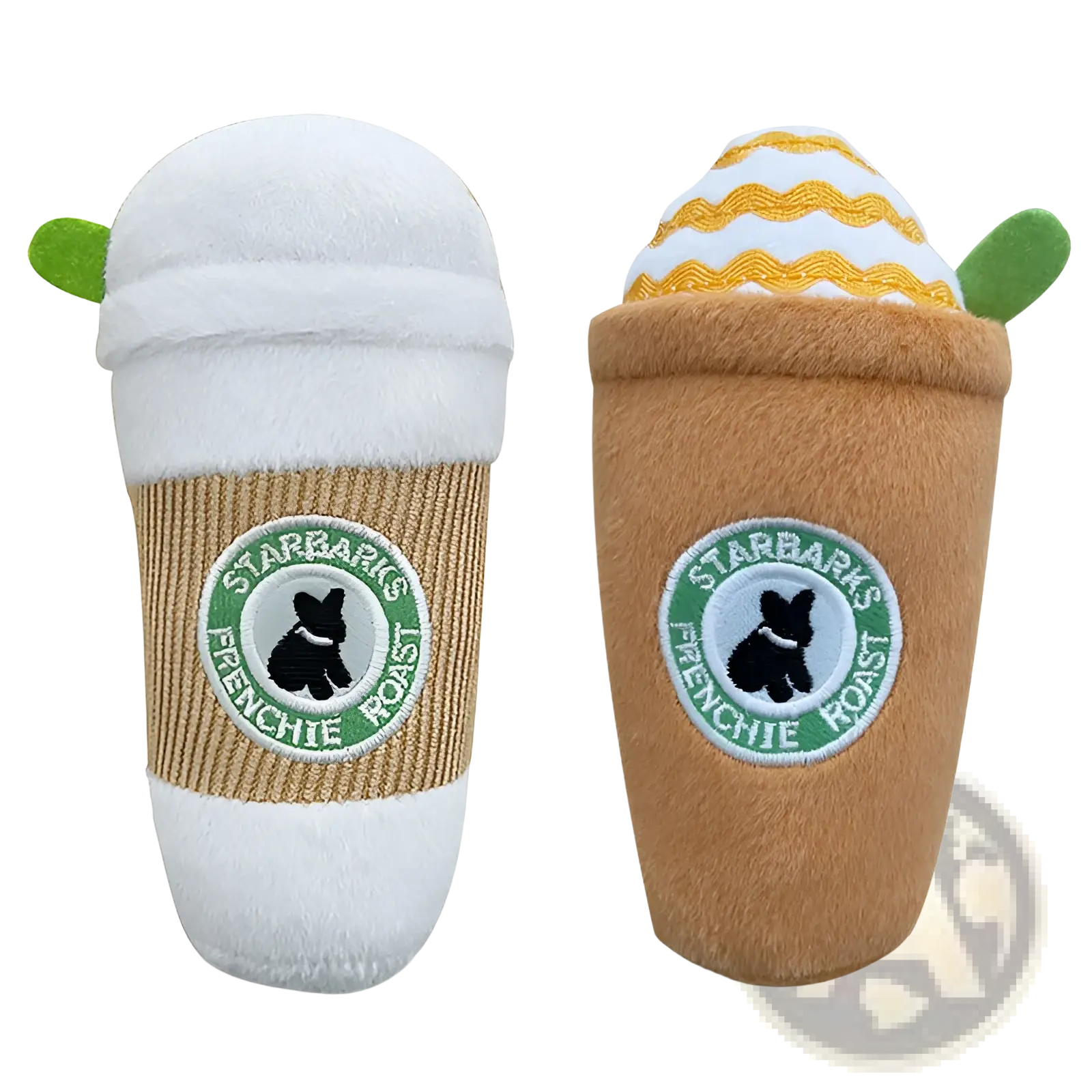 Two plush dog plush coffee cup squeaky toys with white and yellow striped foam tops designed like starbucks cups
