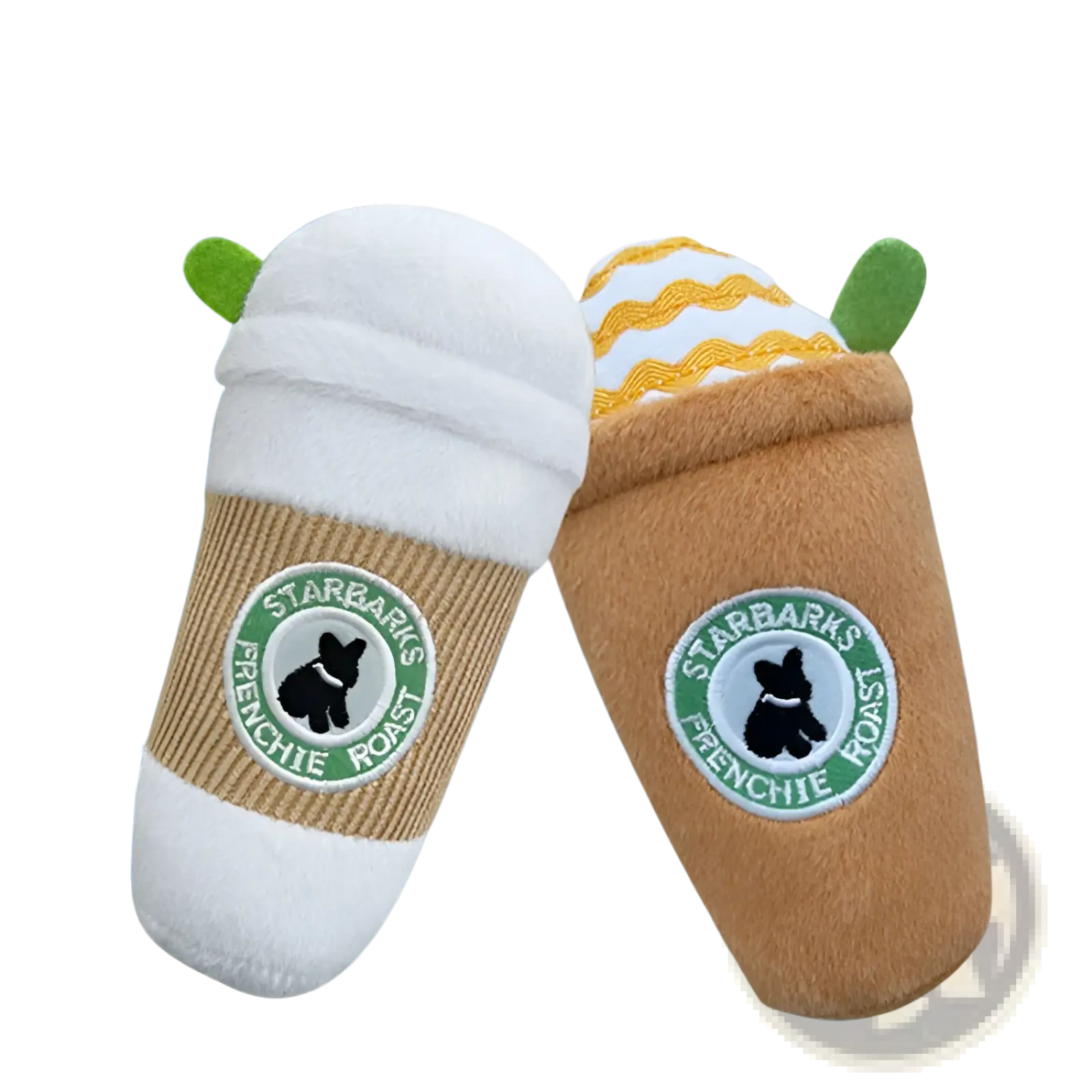 Two plush dog coffee cup squeaky toys in white and yellow foam designs resembling starbucks cups