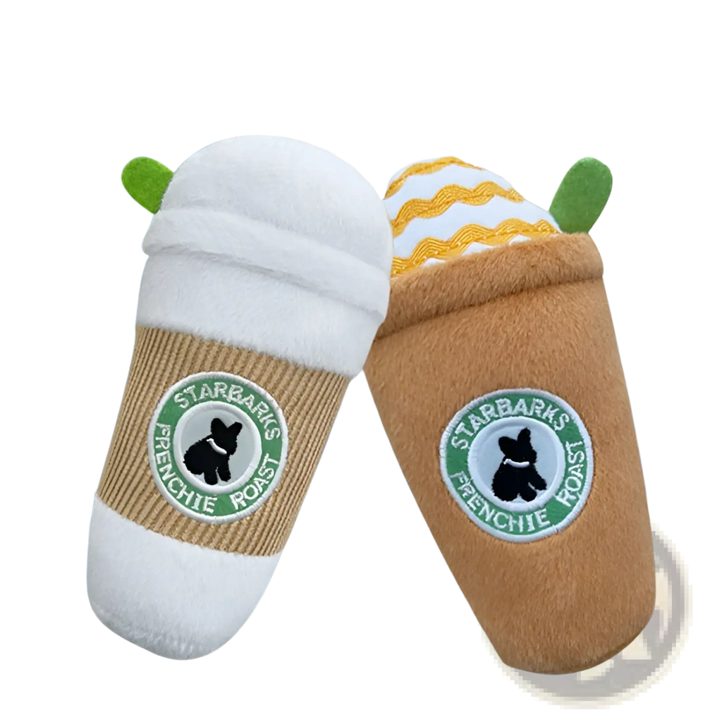 Two plush dog plush coffee cup squeaky toys with white and yellow wavy striped foam designs