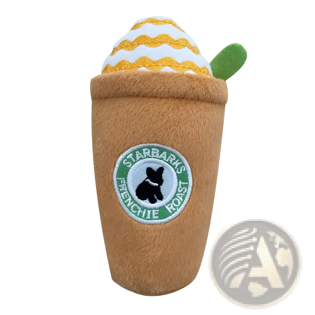 Brown plush dog coffee cup squeaky toy with white yellow striped top green spoon handle and embroidered starbarks frenchie roast logo