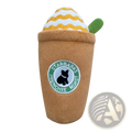 Brown plush dog coffee cup squeaky toy with white yellow striped top green spoon handle and embroidered starbarks frenchie roast logo