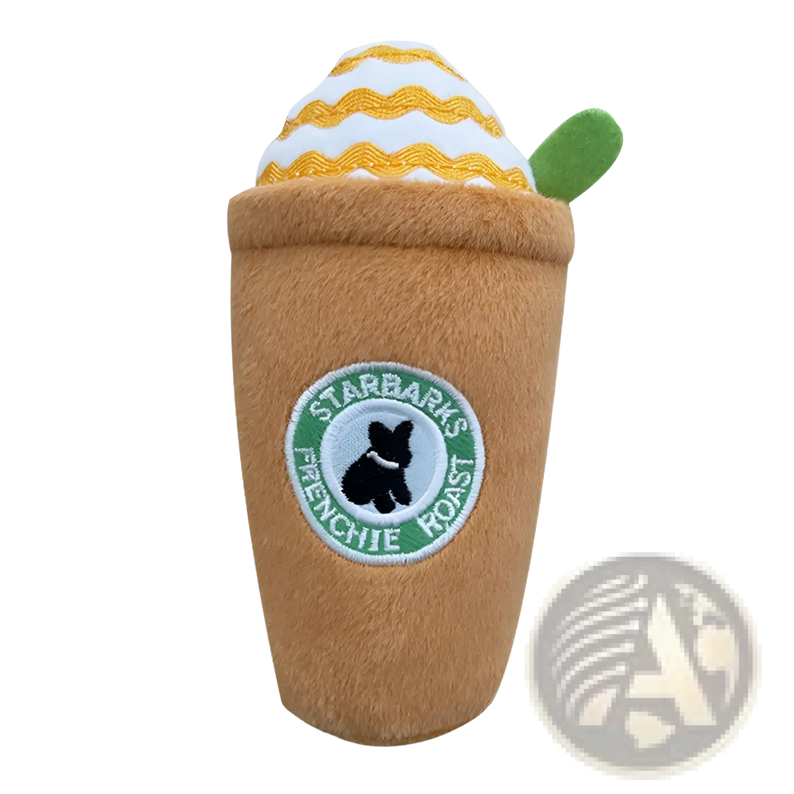 Brown plush dog coffee cup squeaky toy with white yellow striped top green spoon handle and embroidered starbarks frenchie roast logo