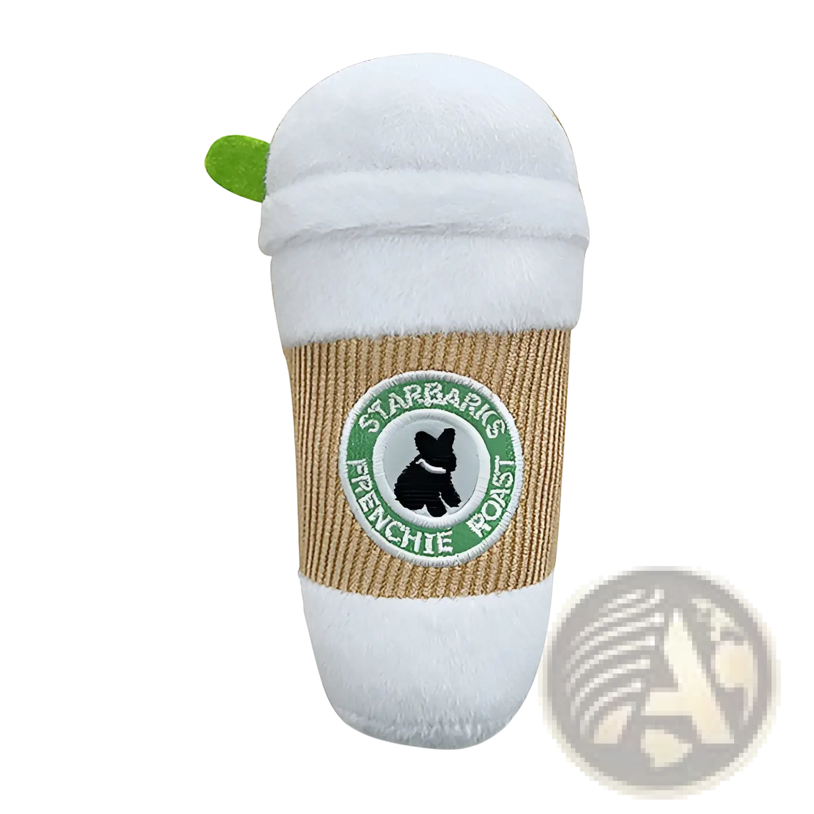 Dog plush coffee cup squeaky toy 2 pack featuring white plush cup with tan corduroy sleeve and green plastic lid