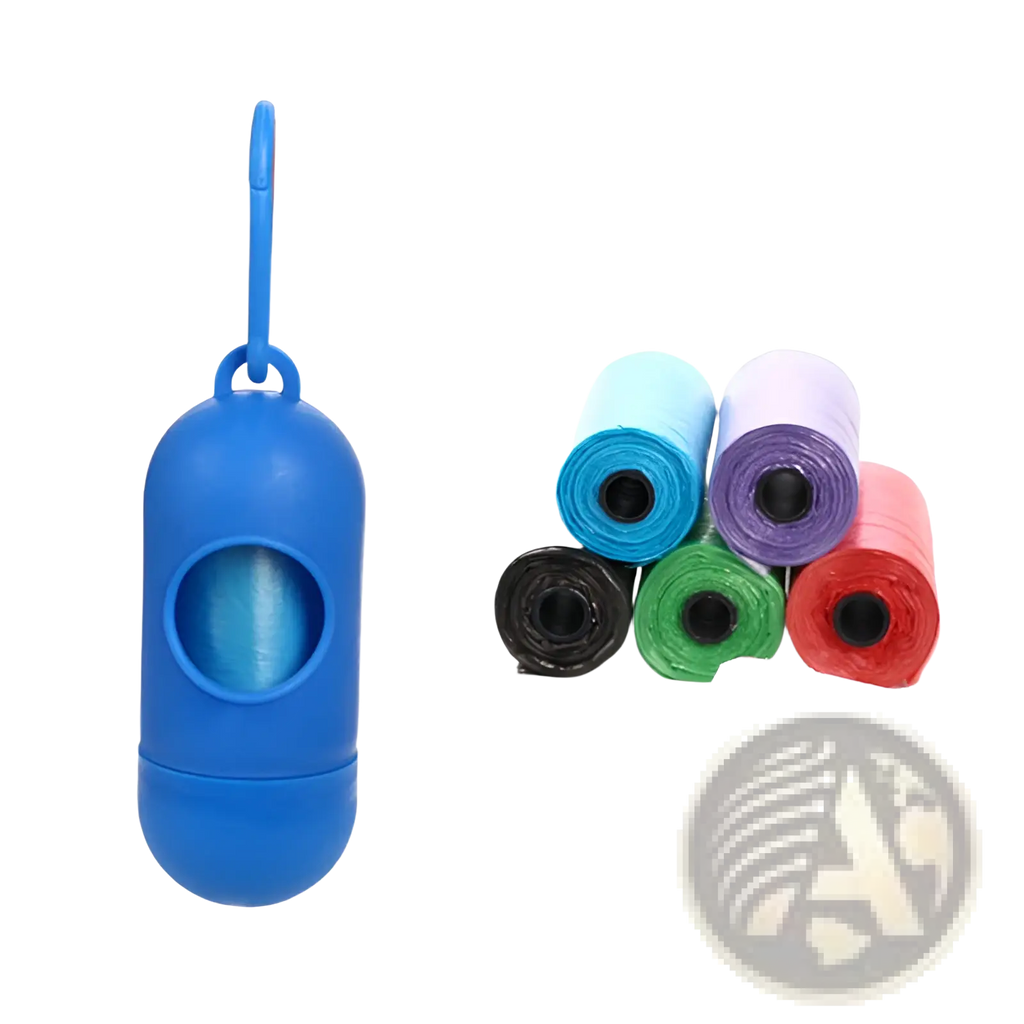 Blue plastic dog poop bag dispenser with carabiner clip and hook attachment for convenient pet waste disposal