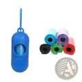 Blue plastic dog poop bag dispenser with carabiner clip and hook attachment for convenient pet waste disposal