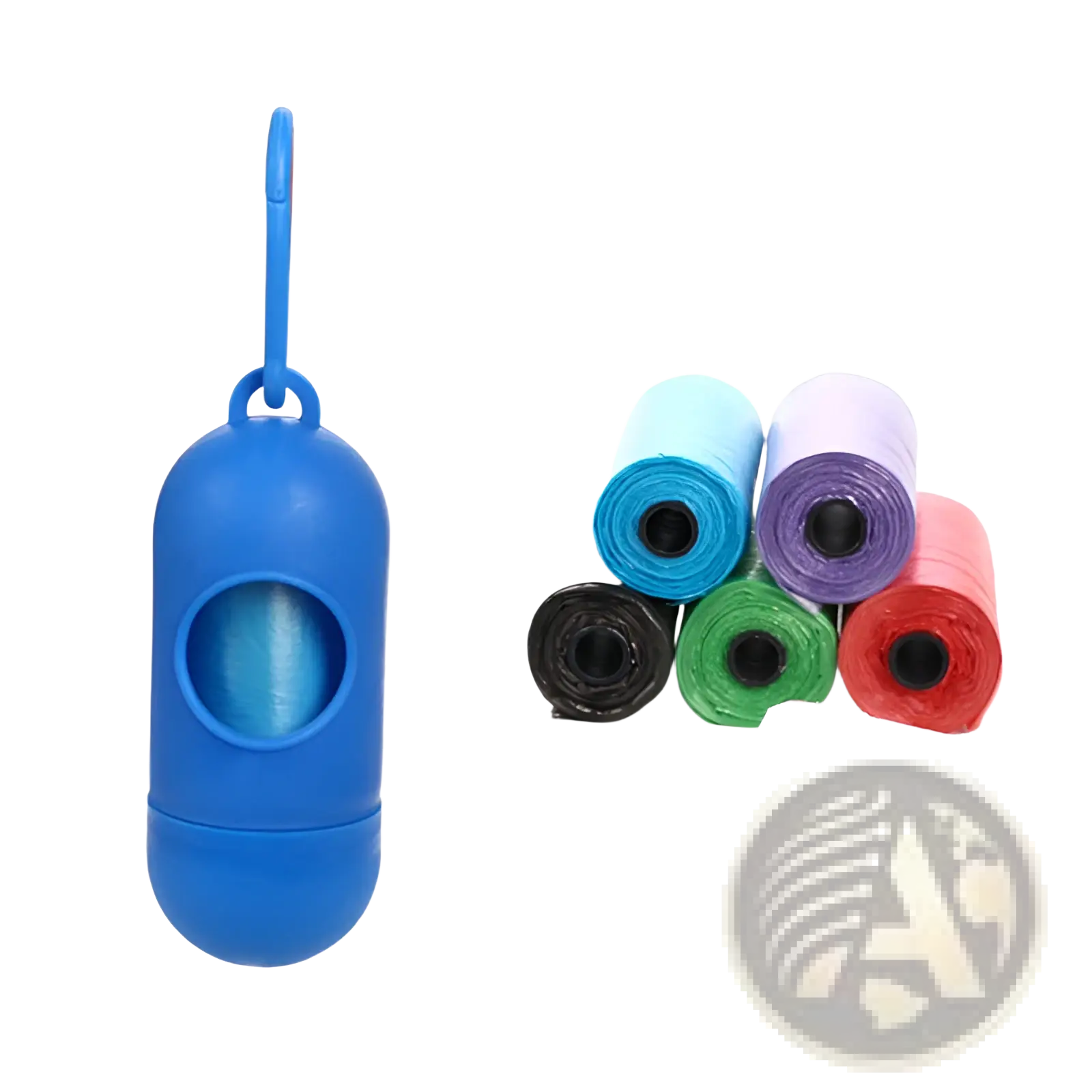 Blue plastic dog poop bag dispenser with carabiner clip and hook attachment for convenient pet waste disposal