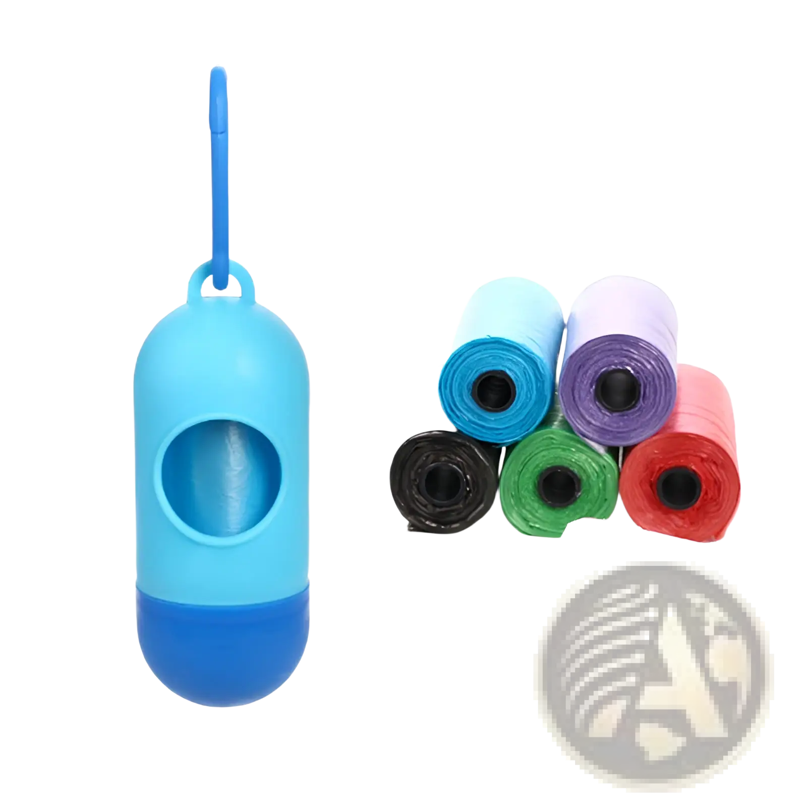 Blue plastic dog poop bag dispenser with matching blue carabiner hook for easy attachment and use