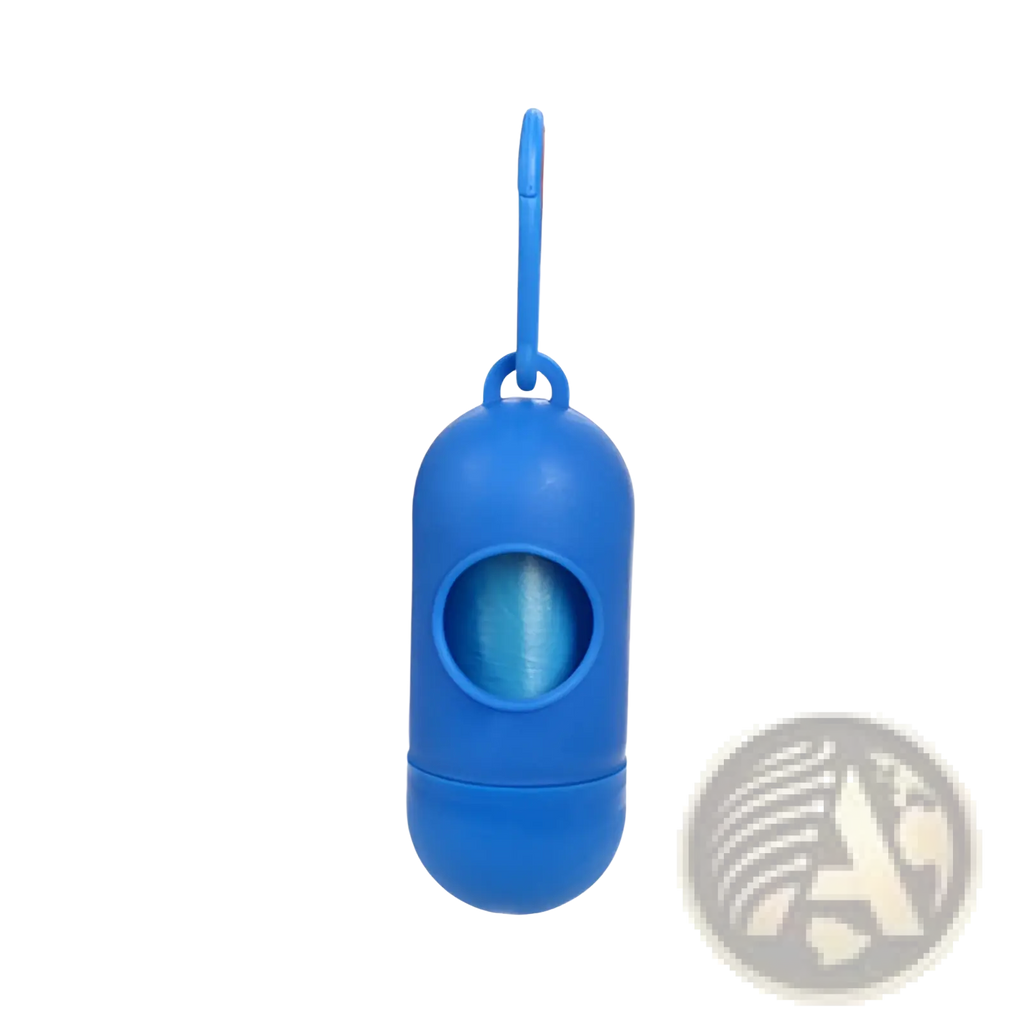 Blue plastic dog poop bag dispenser with carabiner clip and hook for easy attachment and convenient use