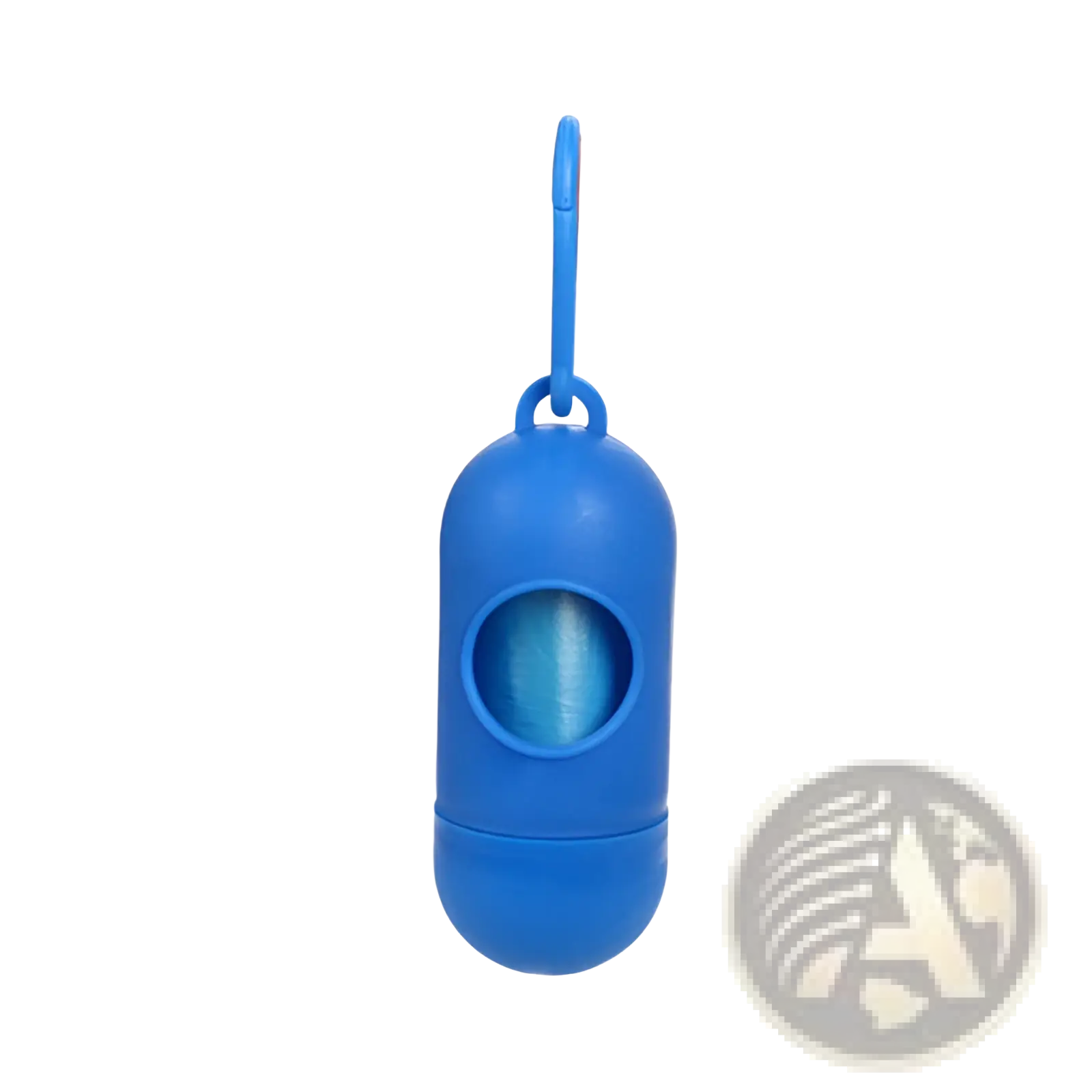 Blue plastic dog poop bag dispenser with carabiner clip and hook for easy attachment and convenient use