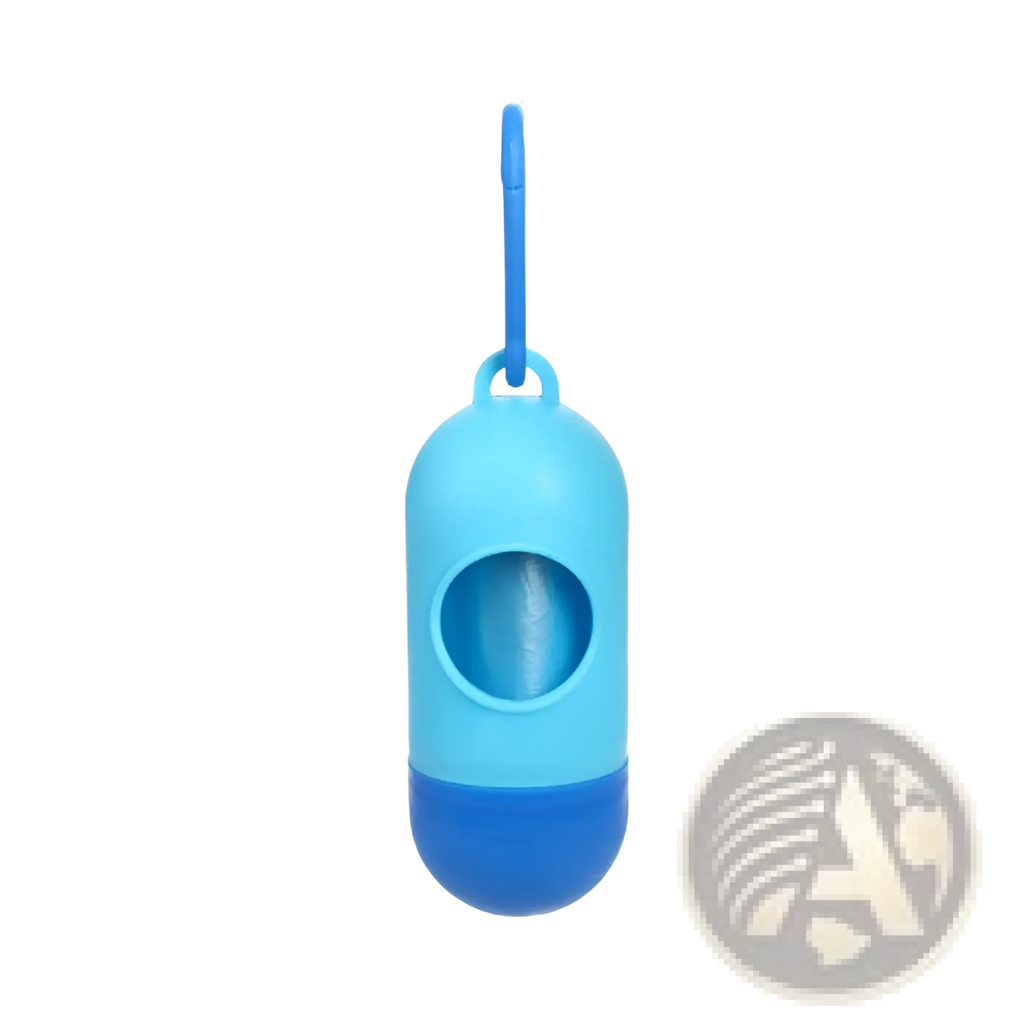 Blue plastic dog poop bag dispenser with carabiner clip for pet waste disposal containing recyclable bags