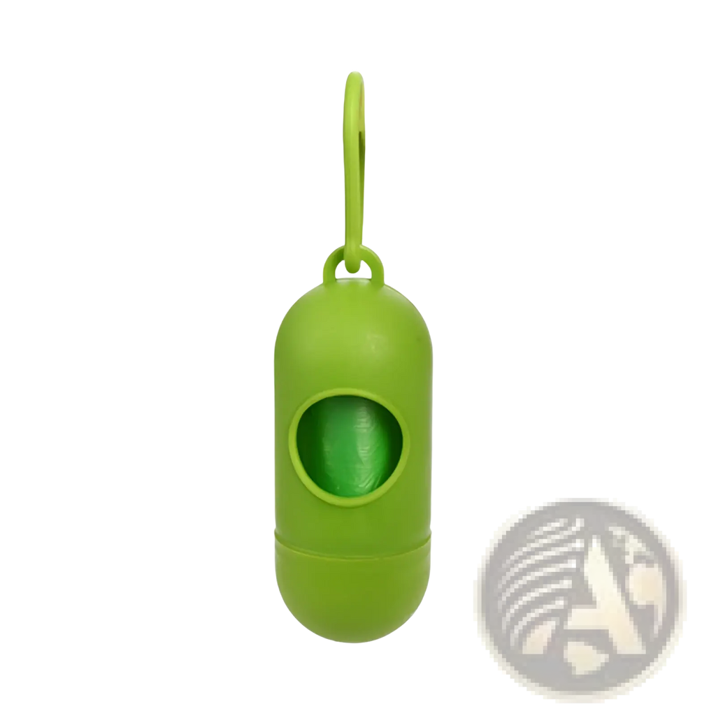Bright green plastic dog poop bag dispenser with circular opening and carabiner clip for easy attachment
