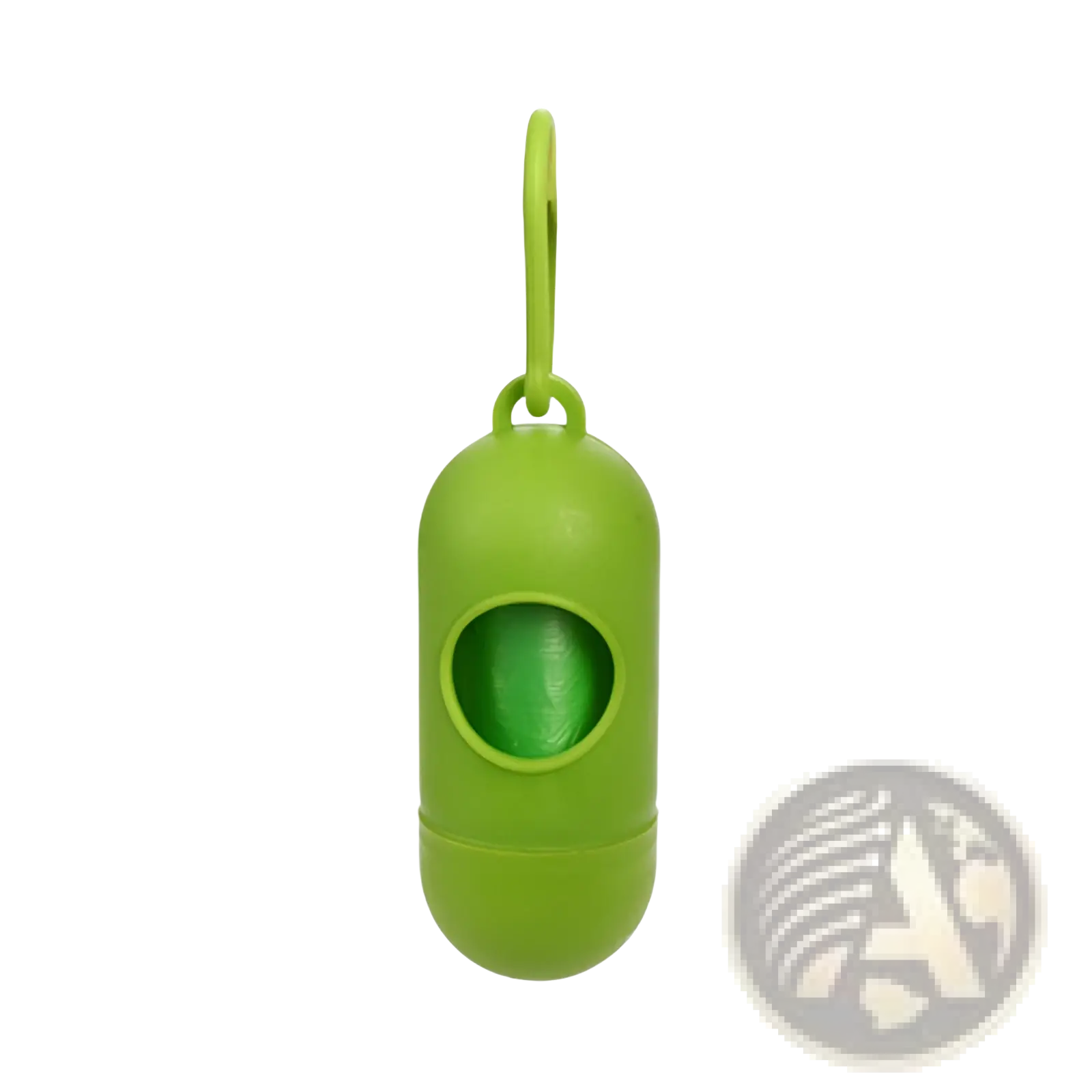 Bright green plastic dog poop bag dispenser with circular opening and carabiner clip for easy attachment