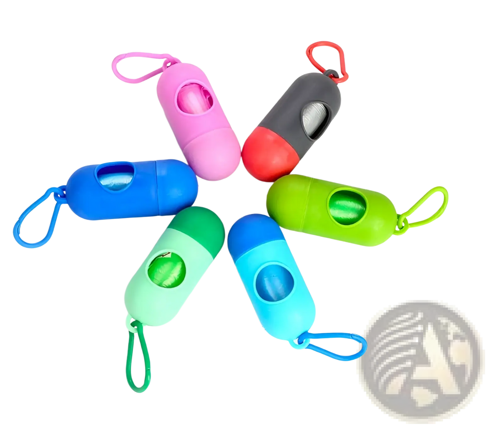 Colorful plastic dog poop bag dispenser with carabiner clip and transparent window for easy bag visibility