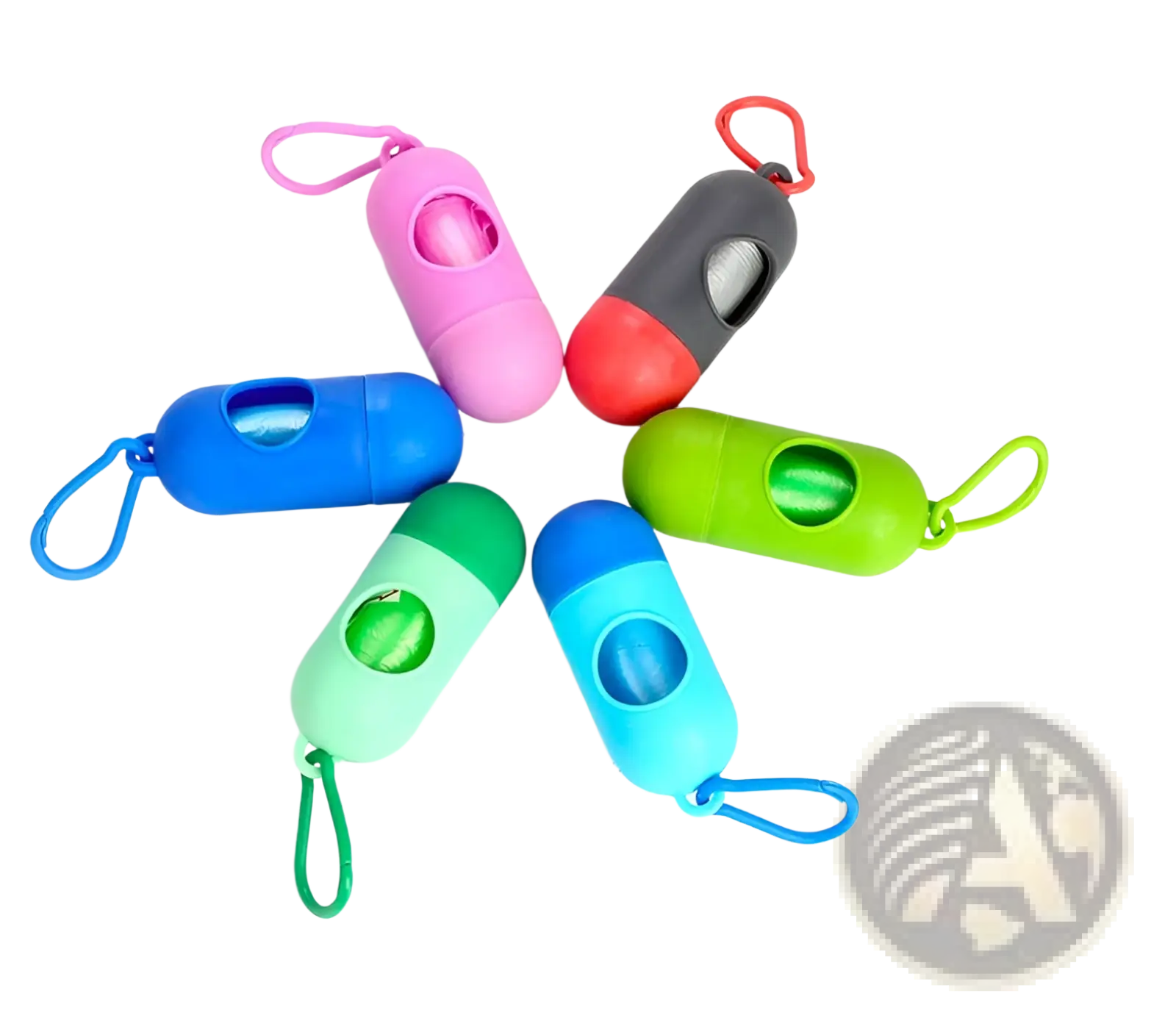 Colorful plastic dog poop bag dispenser with carabiner clip and transparent window for easy bag visibility