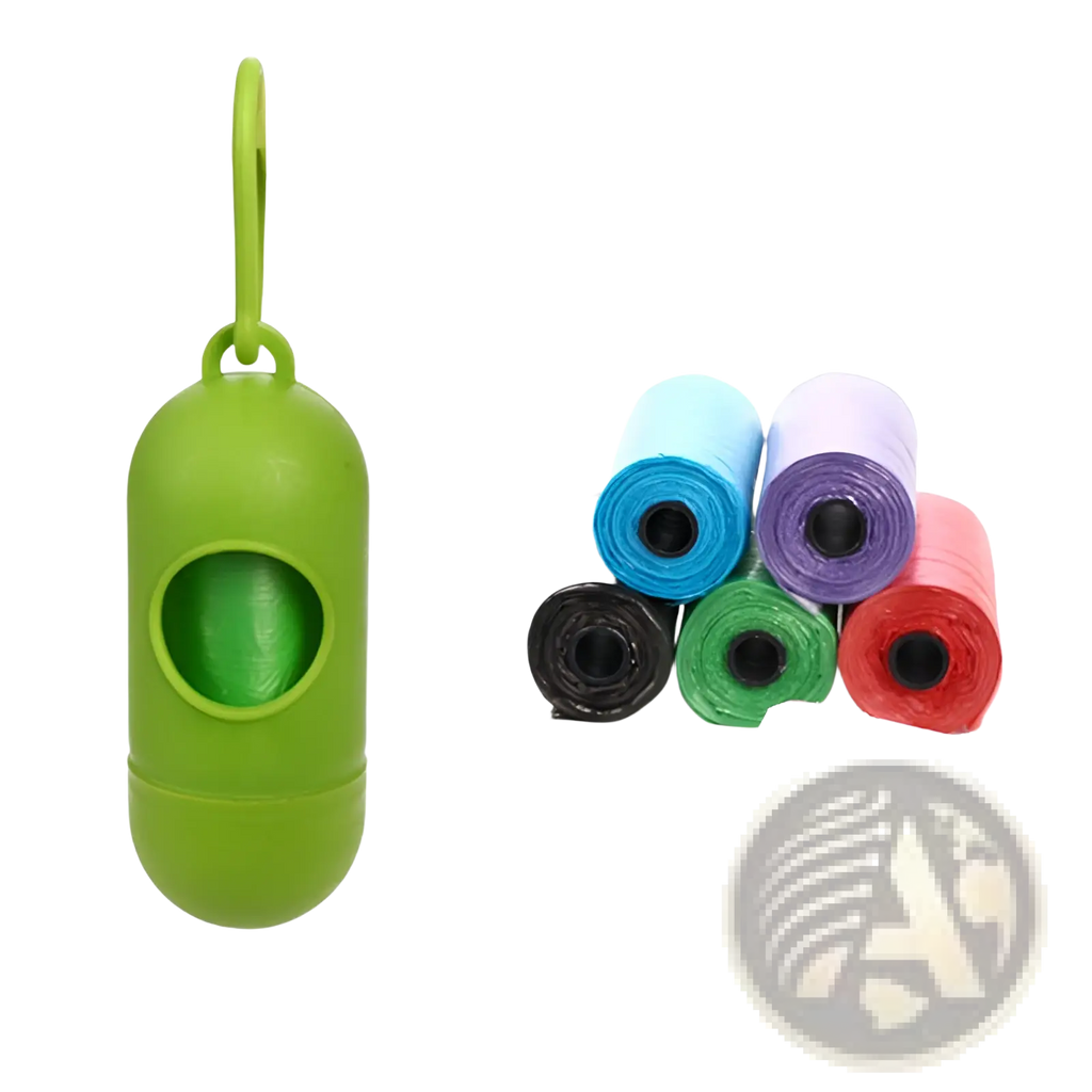 Green plastic dog poop bag dispenser with loop handle and carabiner clip for convenient pet waste disposal