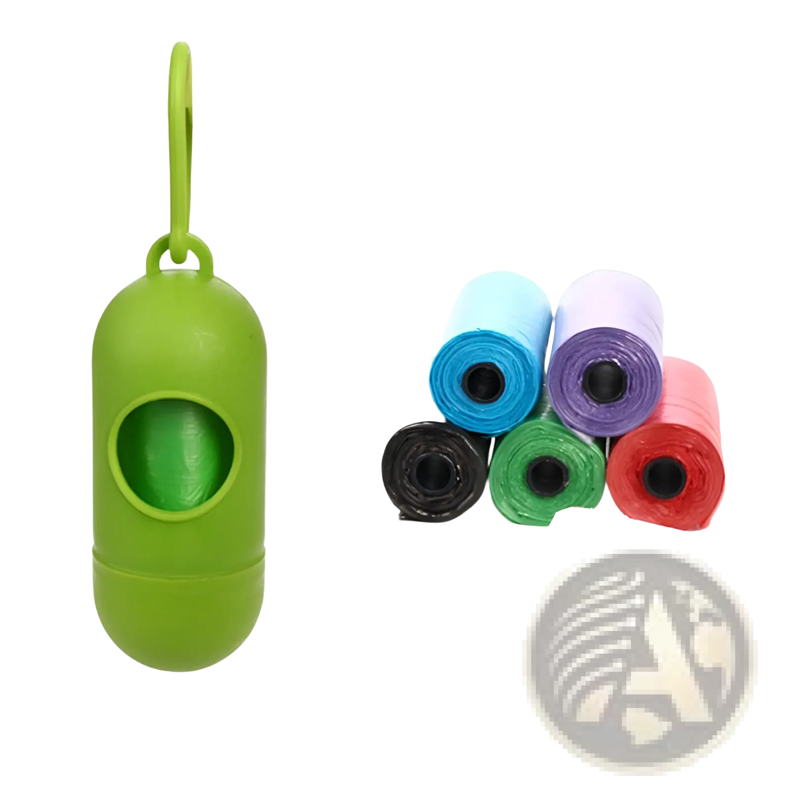Green plastic dog poop bag dispenser with loop handle and carabiner clip for convenient pet waste disposal