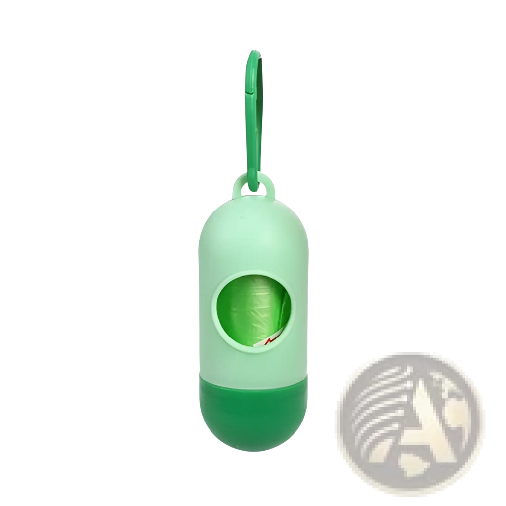 A mint green and dark green dog poop bag dispenser with carabiner clip for convenient pet waste disposal