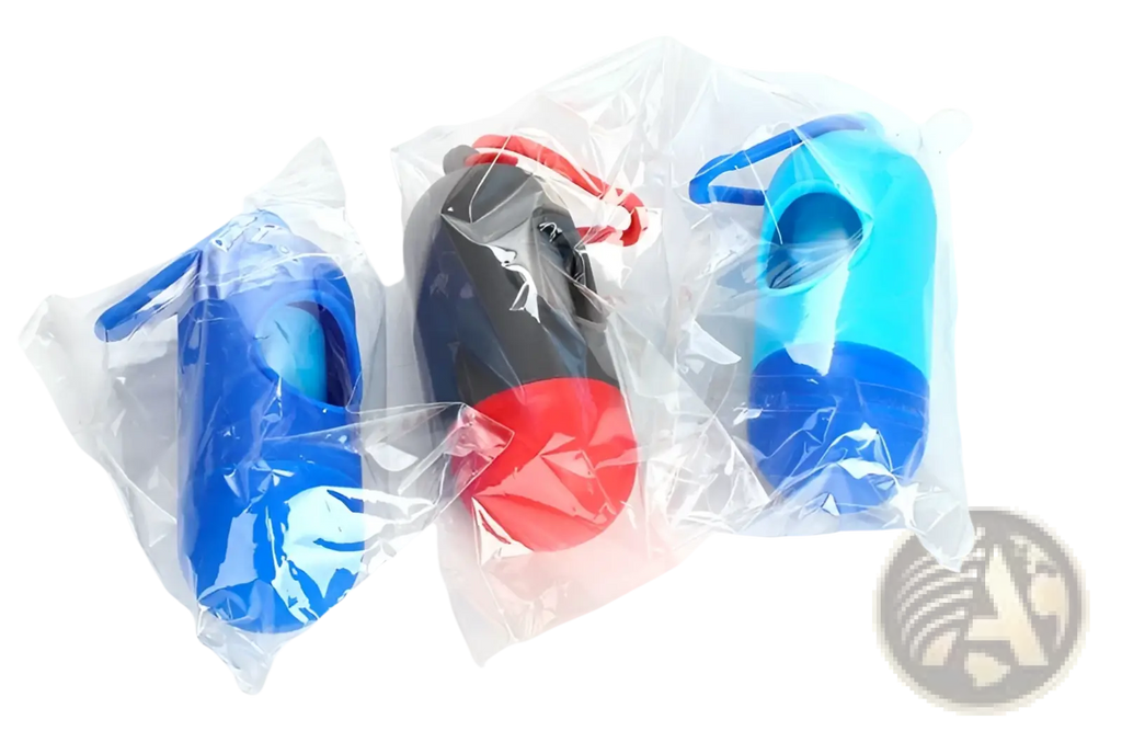 Dog poop bag dispenser with carabiner clip in blue black and red plastic featuring clip-on handles for easy carrying
