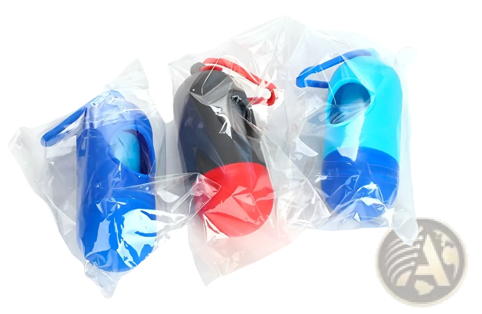 Dog poop bag dispenser with carabiner clip in blue black and red plastic featuring clip-on handles for easy carrying