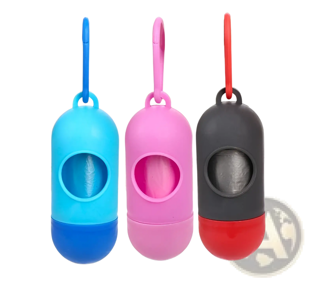Dog poop bag dispenser with carabiner clip featuring three colorful two-toned plastic snap-on lids and hook attachments