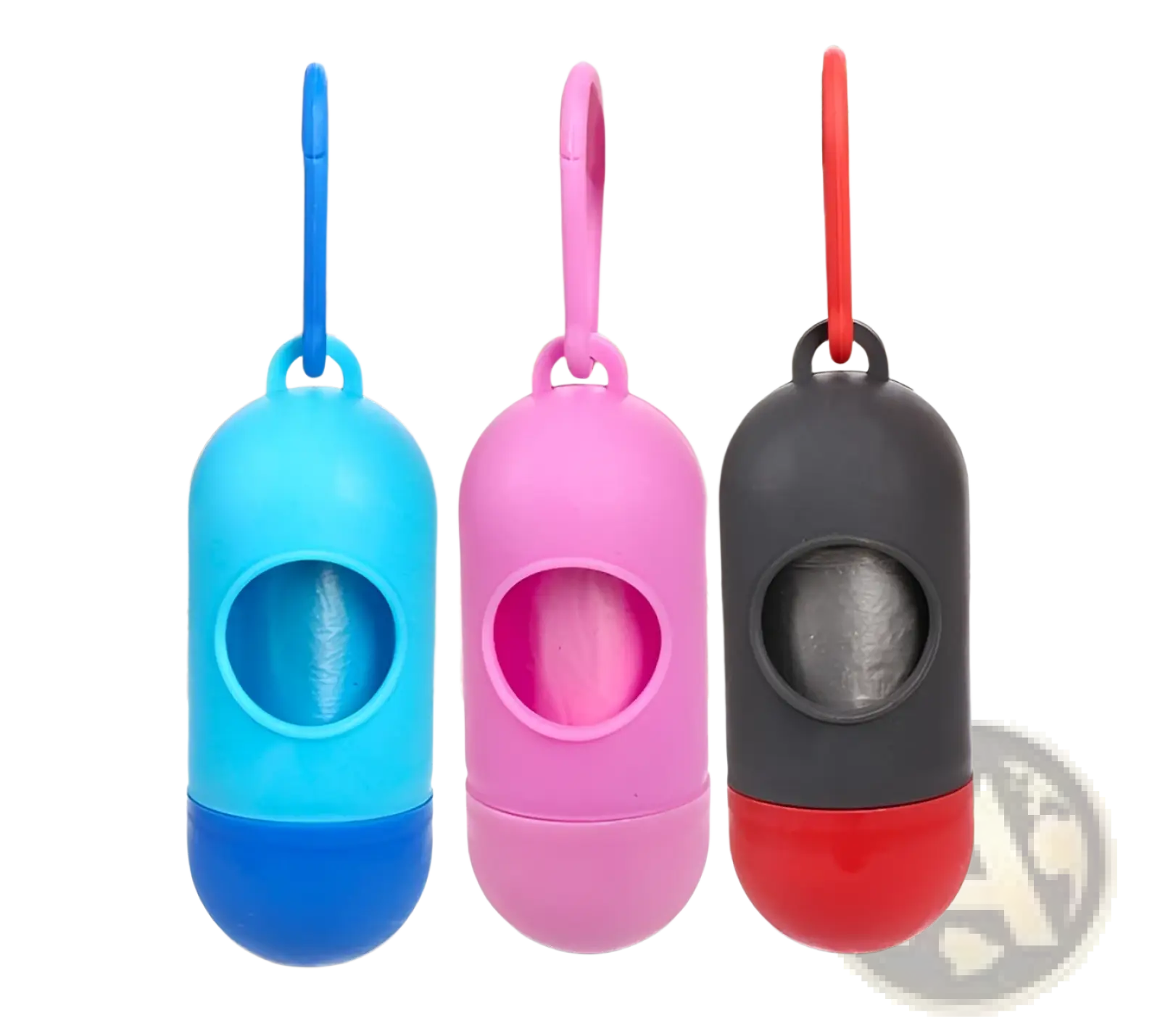 Dog poop bag dispenser with carabiner clip featuring three colorful two-toned plastic snap-on lids and hook attachments