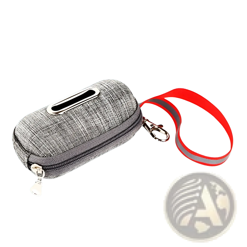 Gray textured fabric dog poop bag dispenser with silver zipper and red reflective strap for nighttime use