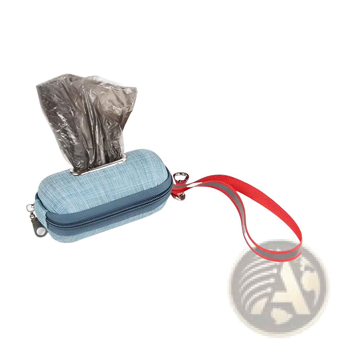 Blue textured fabric dog poop bag dispenser with red reflective strap for safe nighttime walks