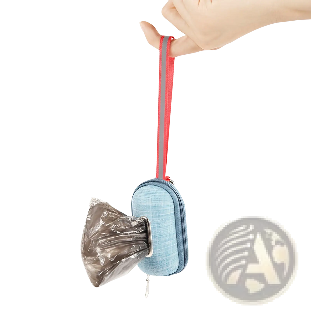 Light blue denim textured dog poop bag dispenser with red and gray reflective strap for pet waste disposal