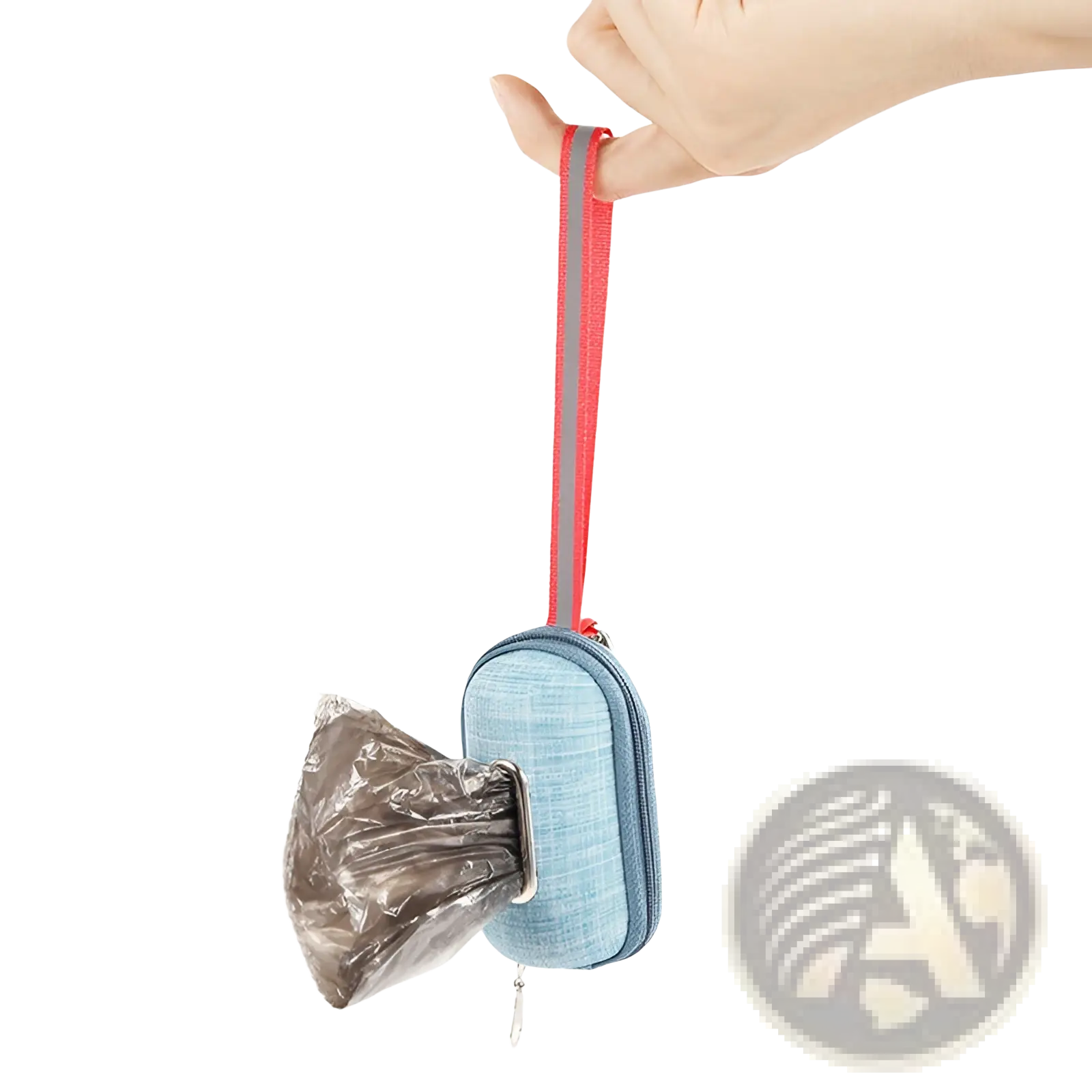 Light blue denim textured dog poop bag dispenser with red and gray reflective strap for pet waste disposal