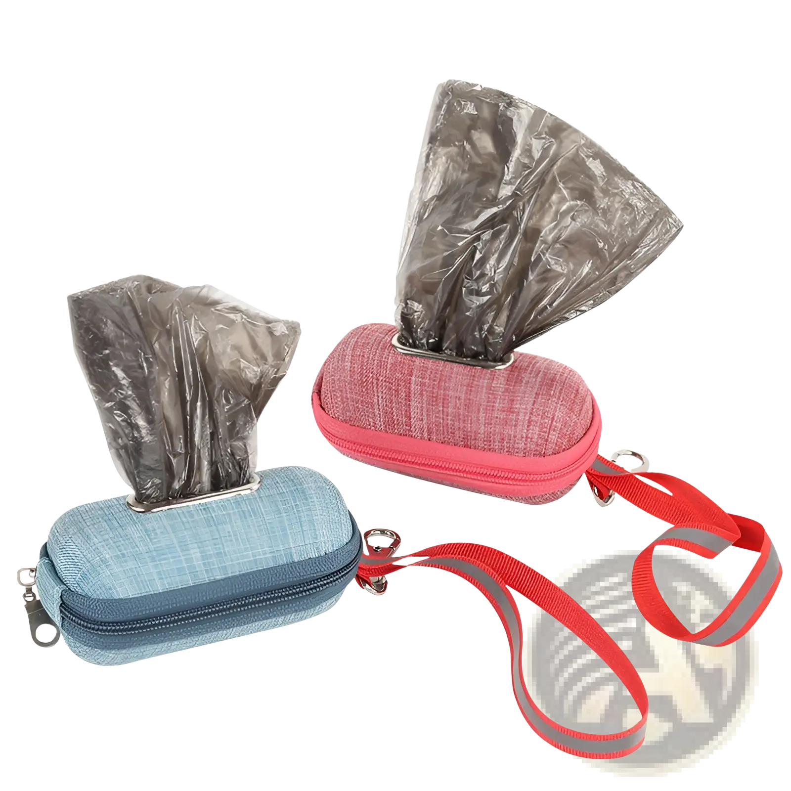 Pink textured fabric dog poop bag dispenser with red reflective strap designed for pet waste management
