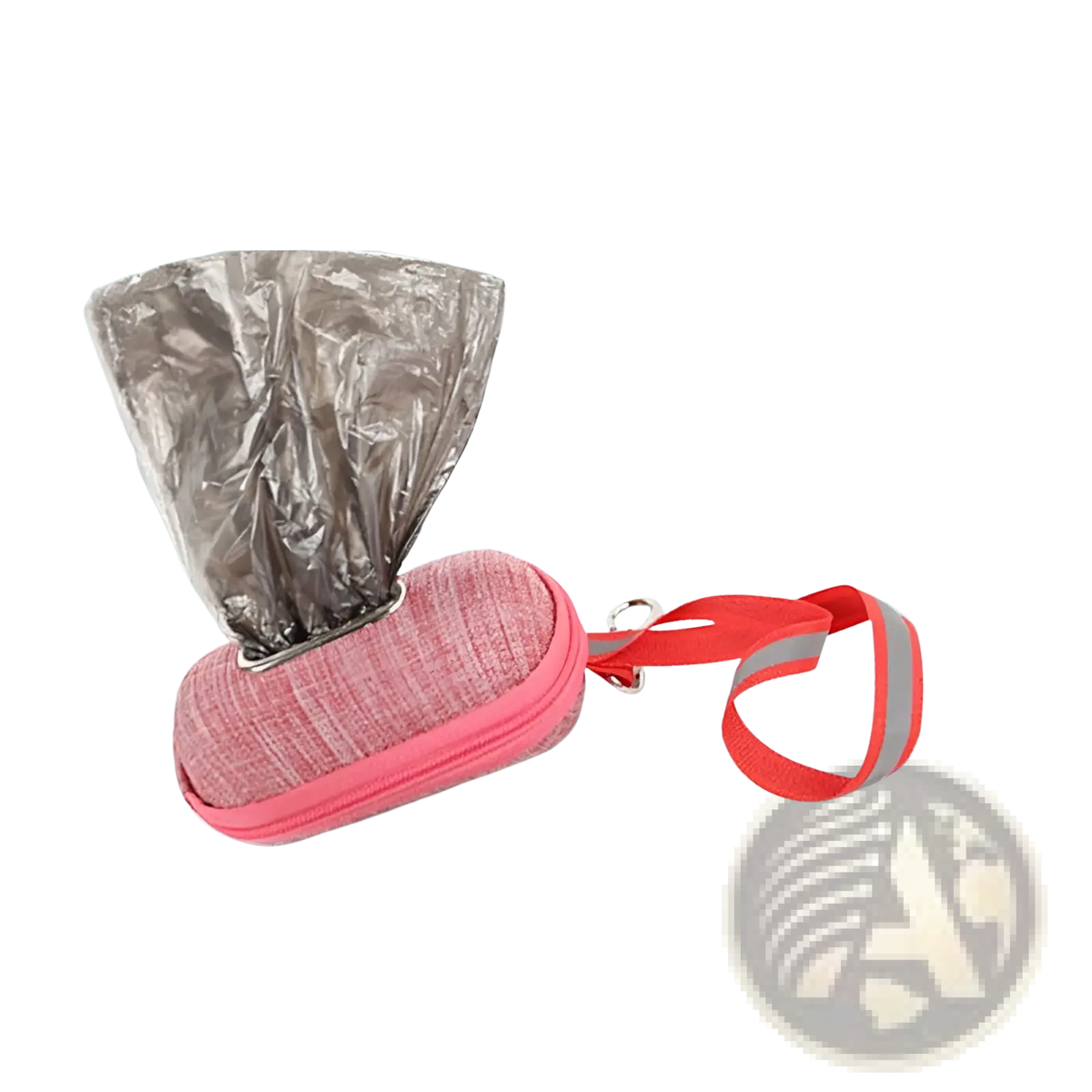 Dog poop bag dispenser made of pink textured fabric with a red reflective strap for pet waste storage