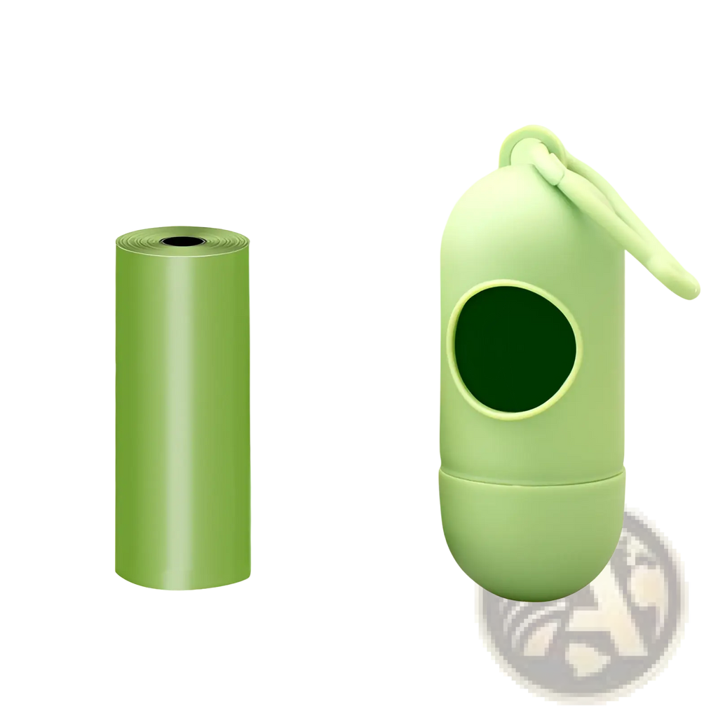 Light green plastic dog poop bag dispenser with matching waste bags and carabiner clip for easy attachment