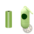 Light green plastic dog poop bag dispenser with matching waste bags and carabiner clip for easy attachment