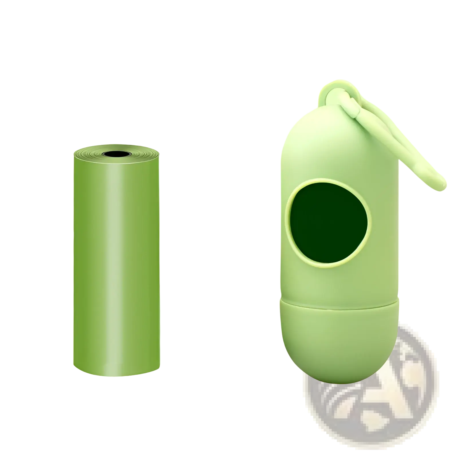 Light green plastic dog poop bag dispenser with matching waste bags and carabiner clip for easy attachment