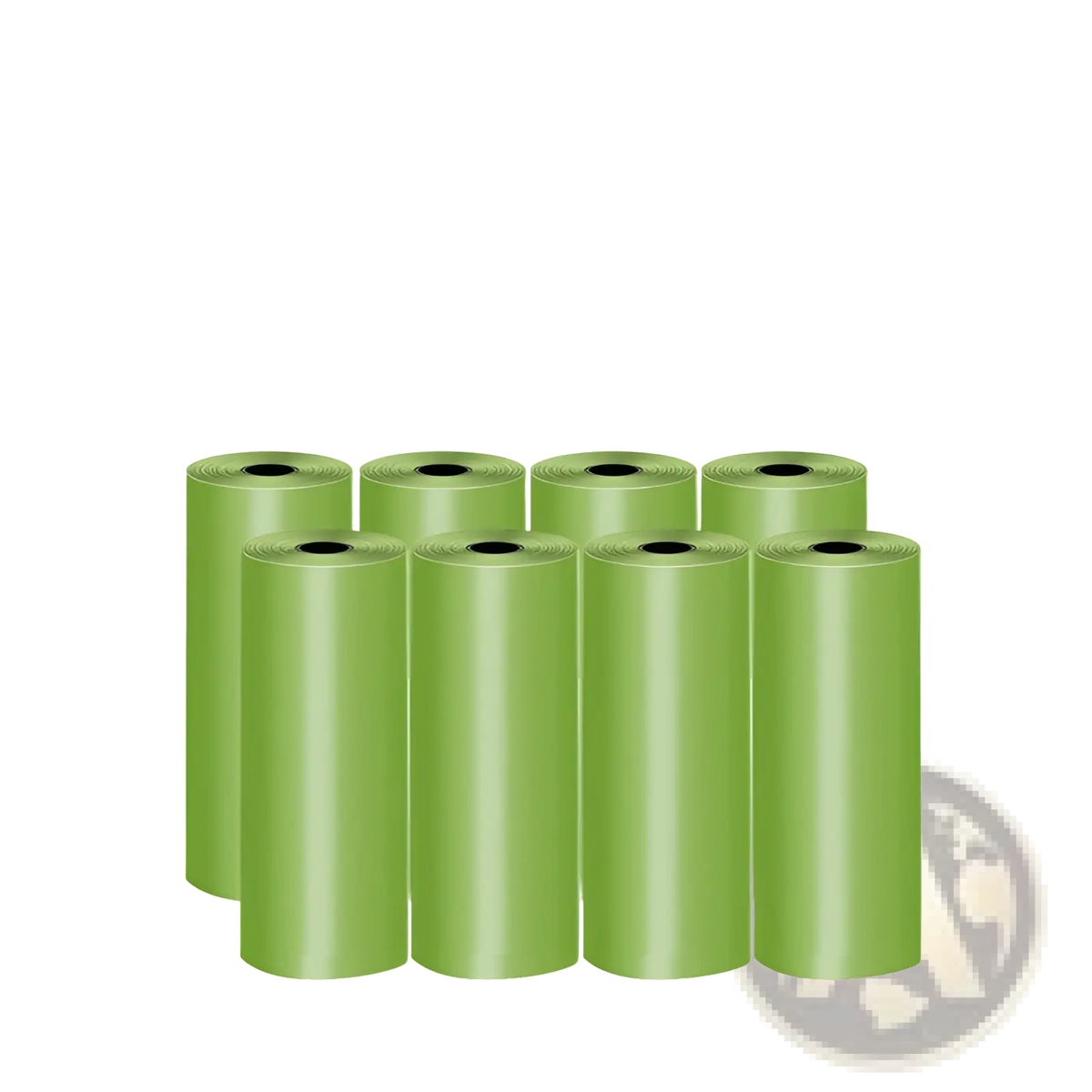 Eight rolls of light green glossy plastic dog poop waste bags for dispenser and outdoor use