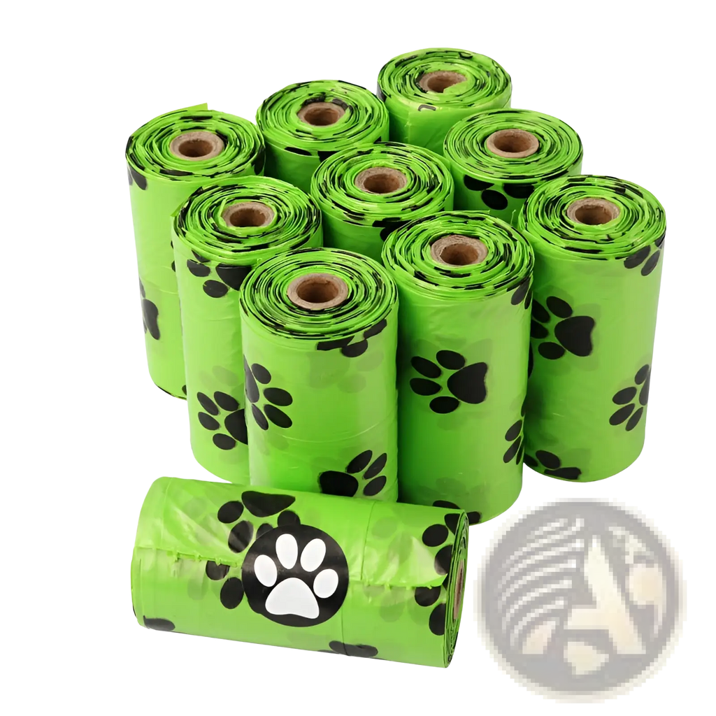 Bright green glossy plastic dog poop bags with black and white paw prints and dispenser refill rolls