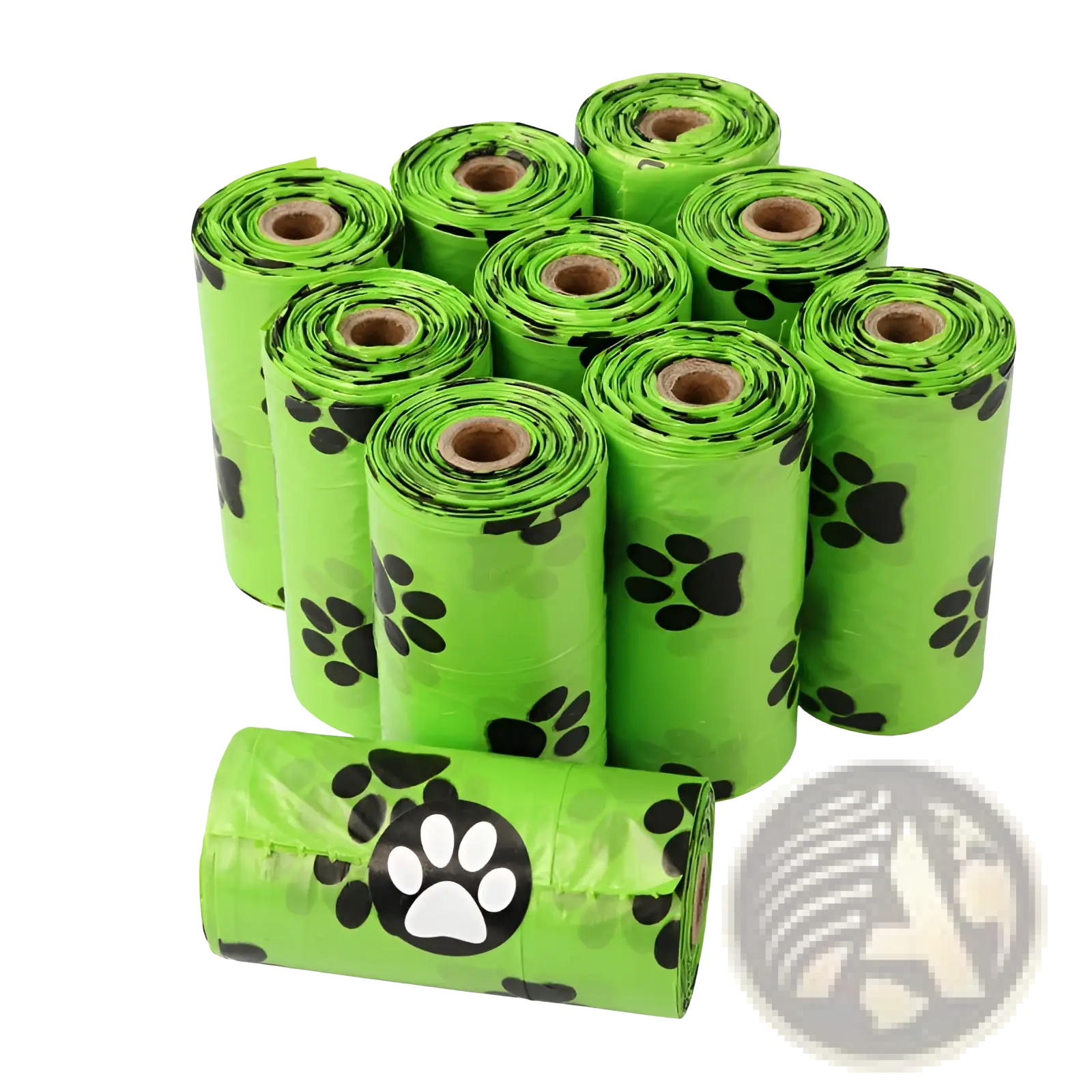 Bright green glossy plastic dog poop bags with black and white paw prints and dispenser refill rolls