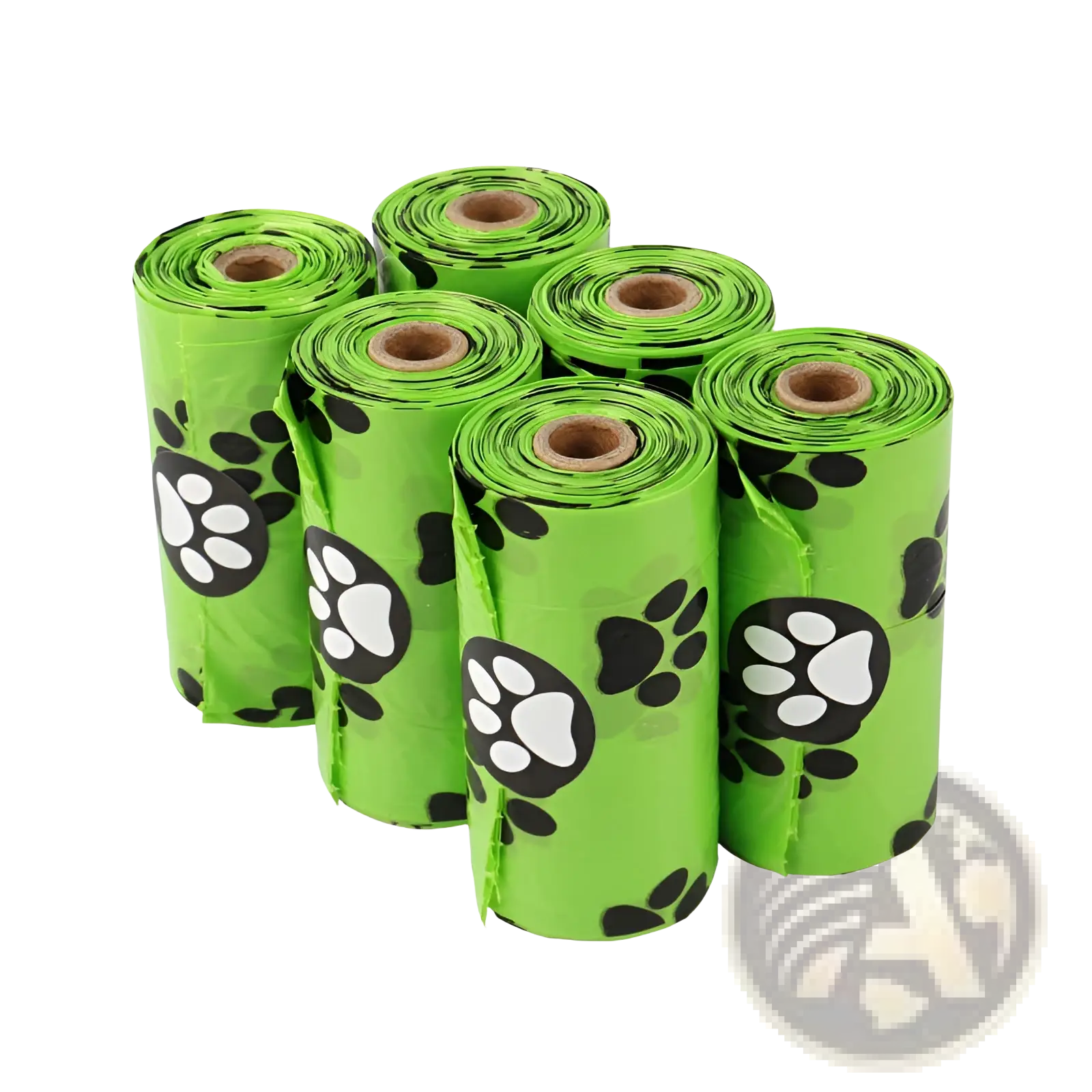 Bright green plastic dog poop bags with black and white paw prints featuring dispenser and refill rolls