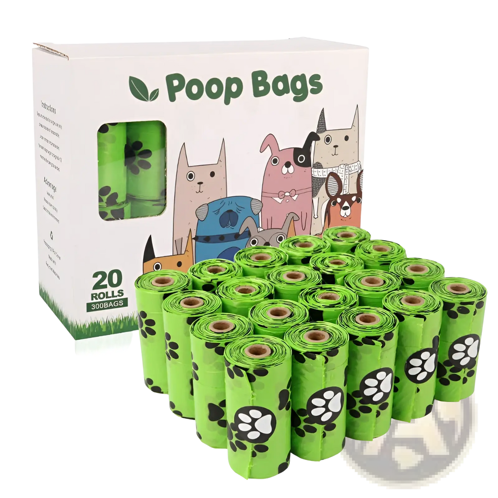 Bright green dog poop bags with black and white paw prints in a box featuring cartoon dogs for easy disposal