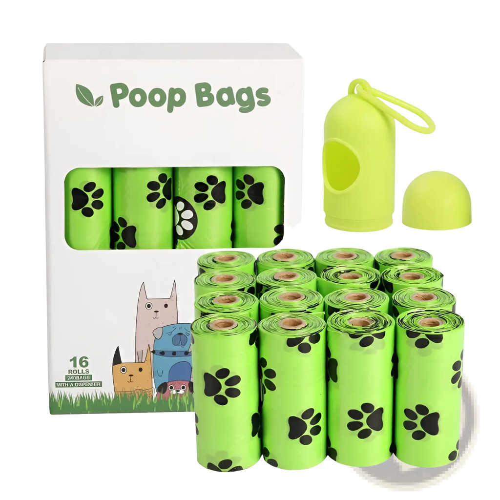 Bright green dog poop bags with black paw prints in white box with lime green dispenser and refill rolls