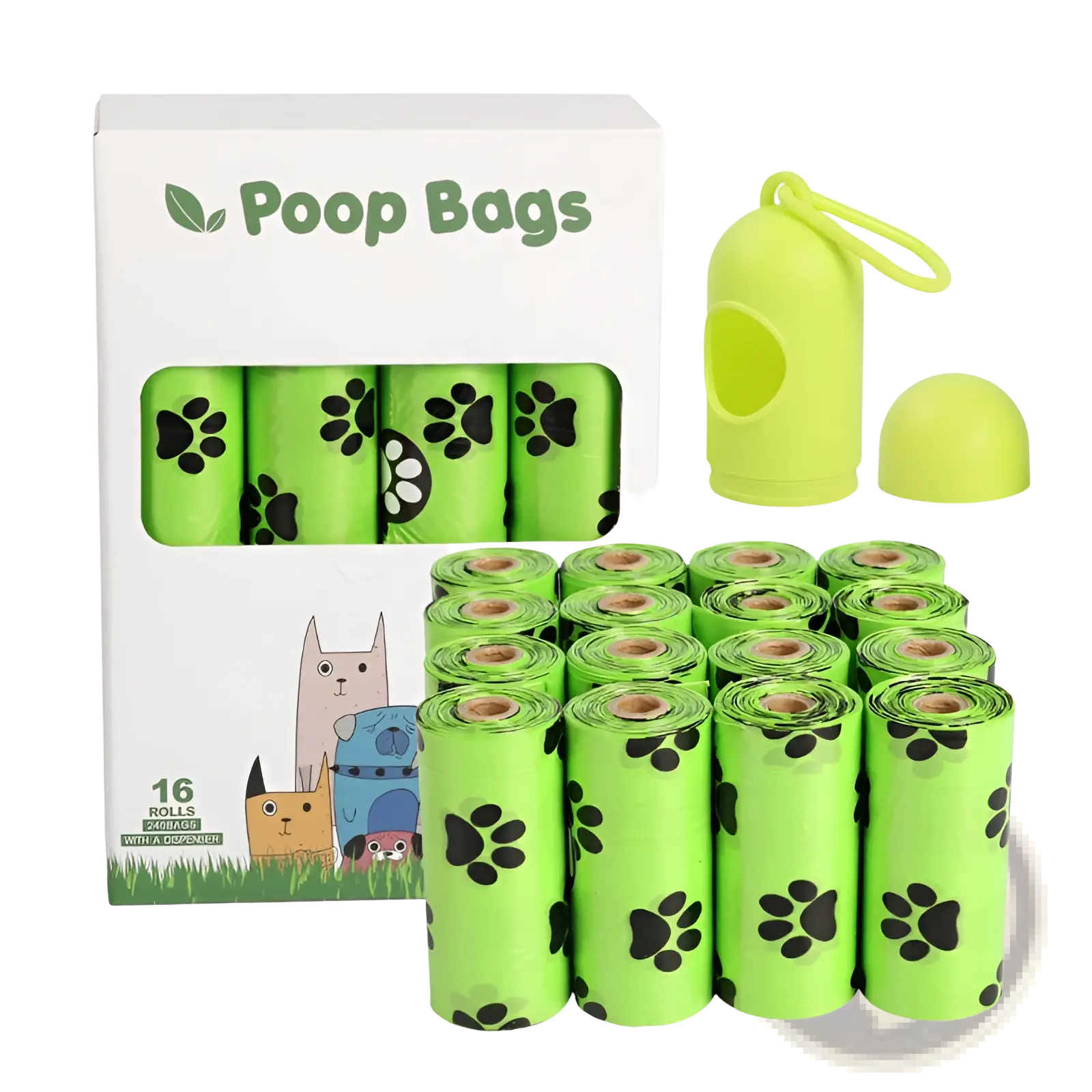 Bright green dog poop bags with black paw prints in white box with lime green dispenser and refill rolls