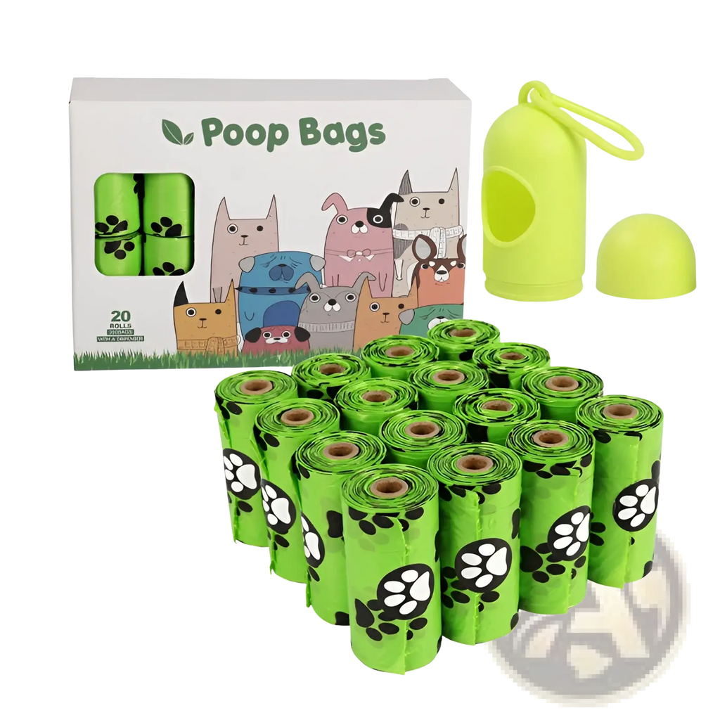 Bright green paw-print patterned dog poop bags with matching lime green dispenser for convenient outdoor use