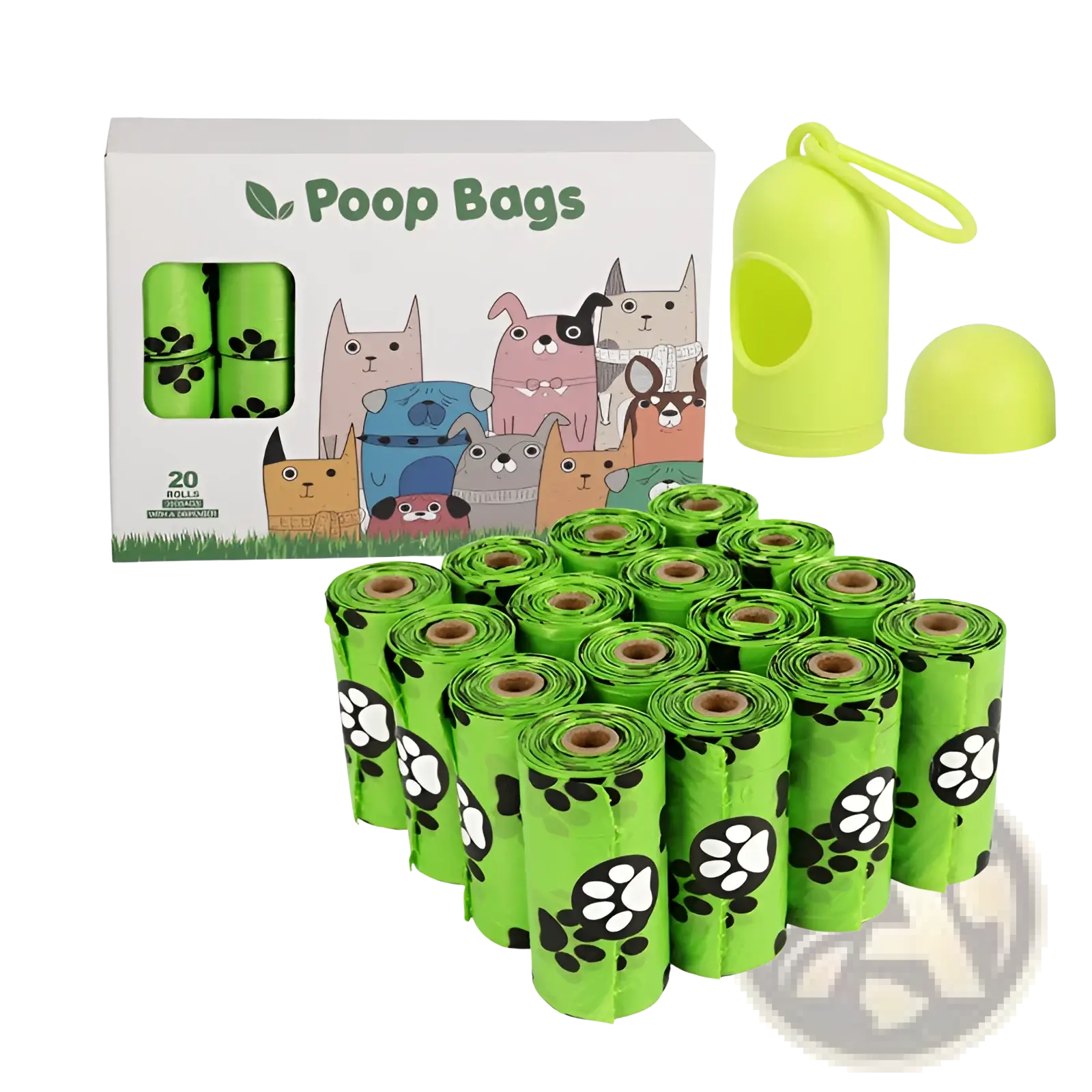 Bright green paw-print patterned dog poop bags with matching lime green dispenser for convenient outdoor use