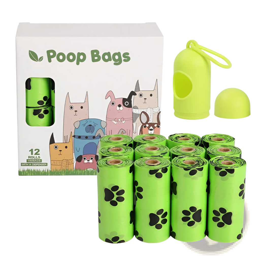 Bright green dog poop bags with black paw prints in box and lime green dispenser for easy cleanup and refill