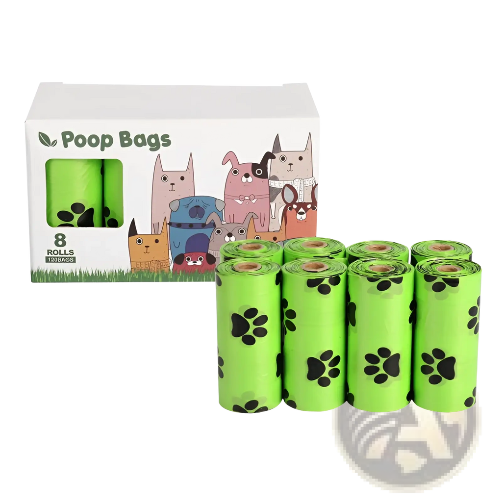 Dog poop bags with dispenser and refill rolls bright green with black paw prints packaged with cartoon animals