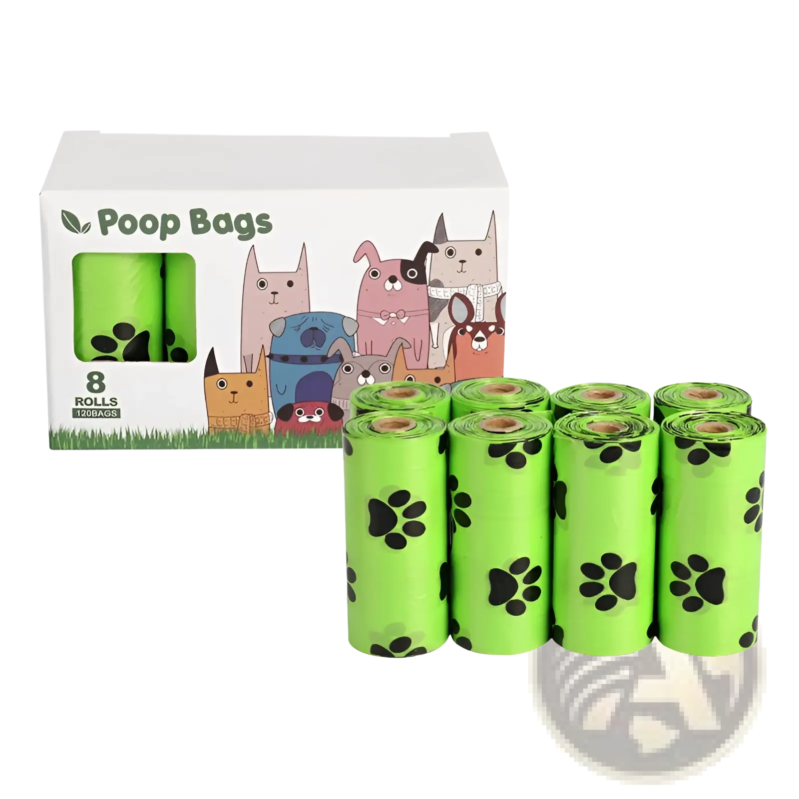 Dog poop bags with dispenser and refill rolls bright green with black paw prints packaged with cartoon animals