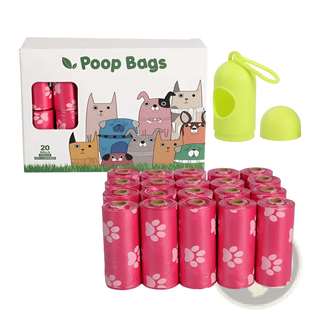 Bright pink dog poop bags with white paw prints in a box and lime green dispenser for convenient cleanup
