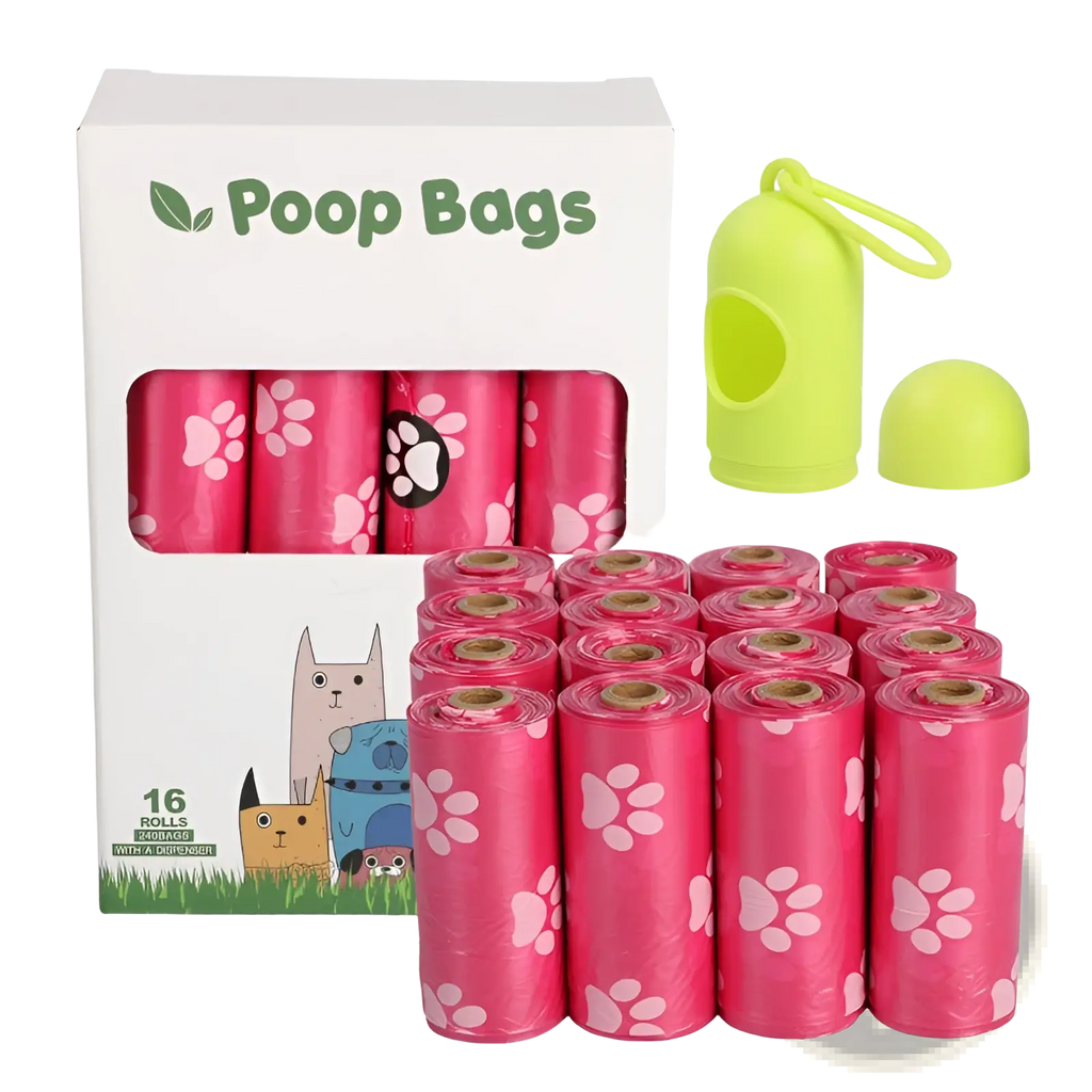Dog poop bags with dispenser and refill rolls bright pink bags with white paw prints and lime green dispenser in box