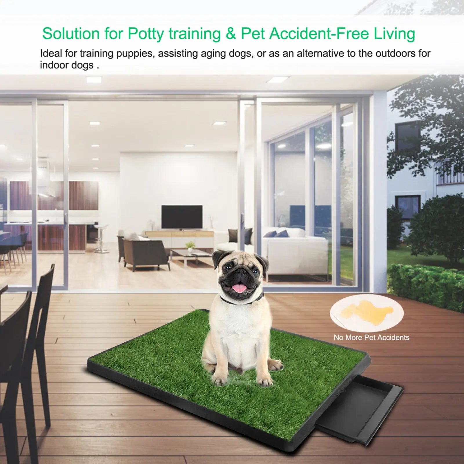 Dog potty training artificial grass mat tray with green artificial grass, black plastic frame, and removable tray