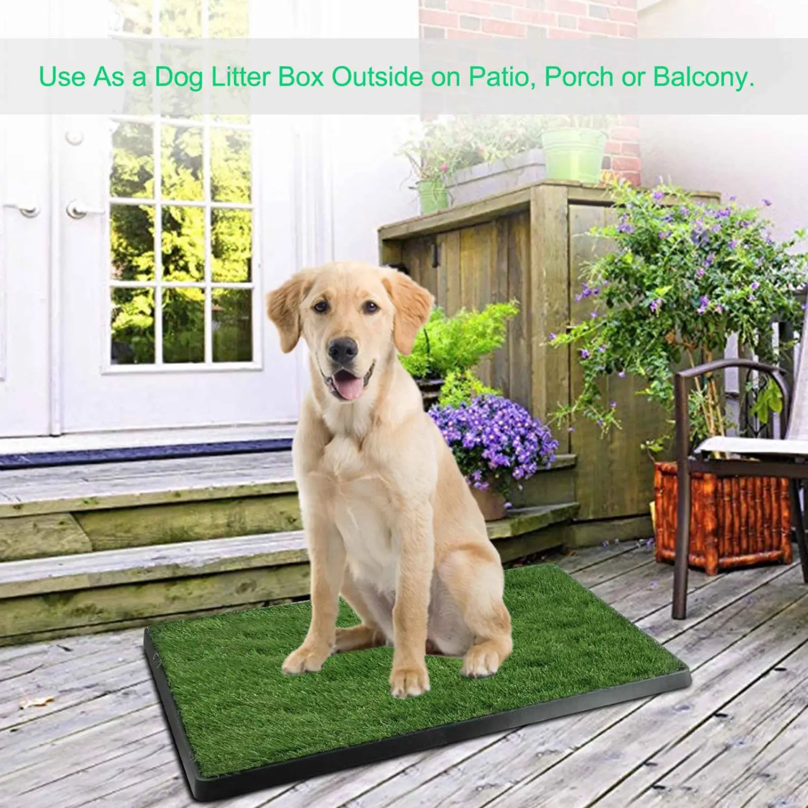 Green artificial grass dog potty training mat with black plastic frame for indoor dog litter box use